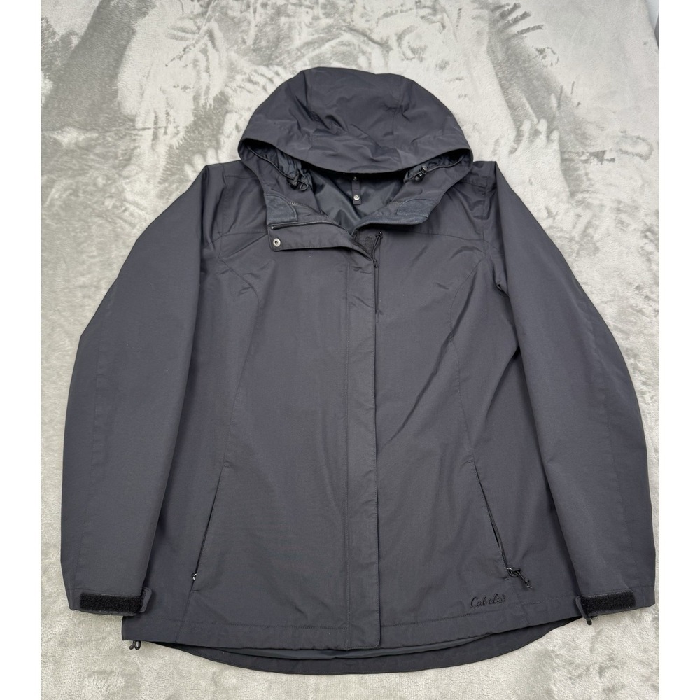 Cabelas Rain Jacket Womens XL Black Nylon Hooded Coat Trail Hiking Hunting Liner